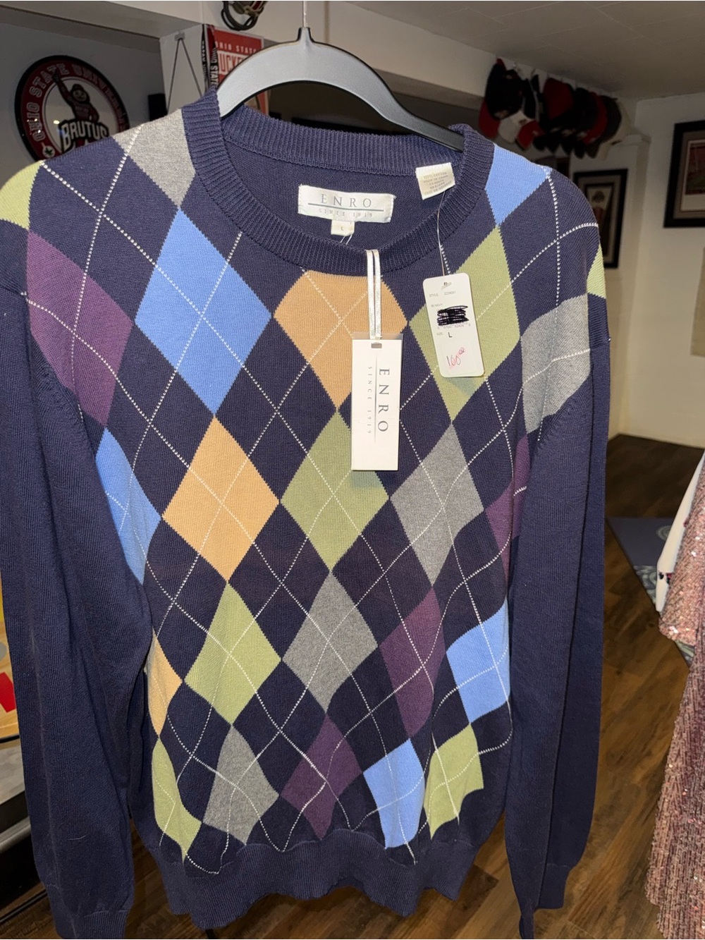 ENRO NWT Men’s L Pima Cotton Argyle Sweater Navy Preppy Golf Grandpa Core $100